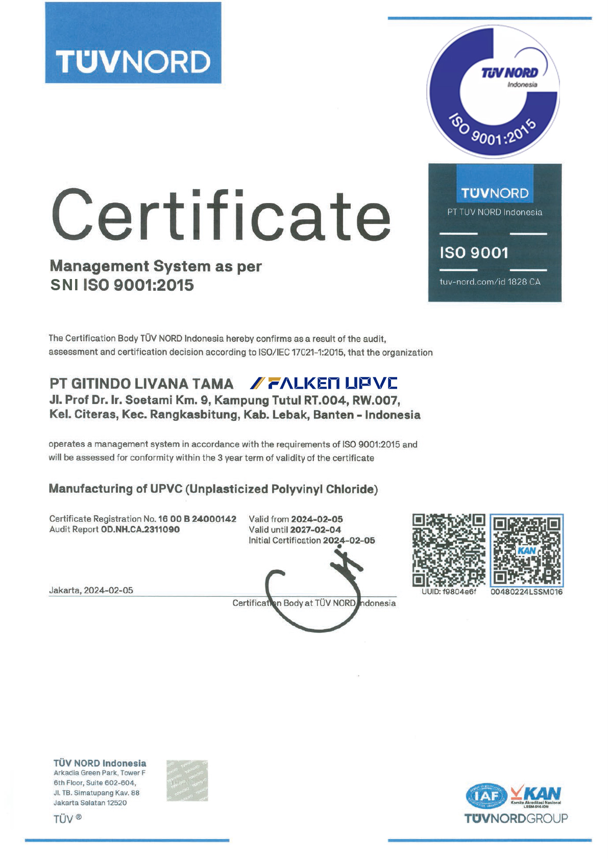 Sertifikat SNI ISO 9001 2015 Falken UPVC